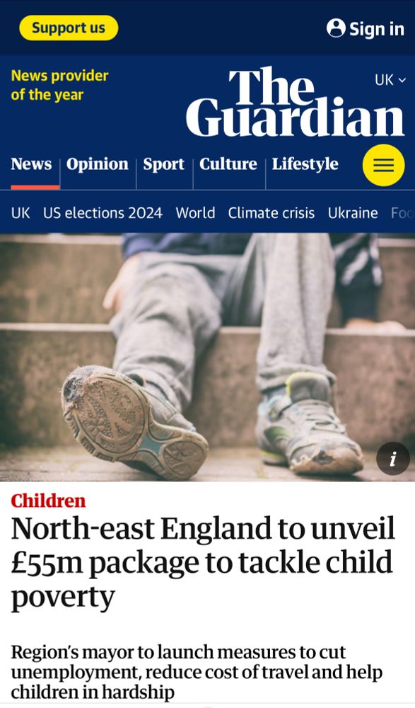 A Guardian article about children and poverty illustrated with an image of a child’s legs and feet on a set of concrete steps. 