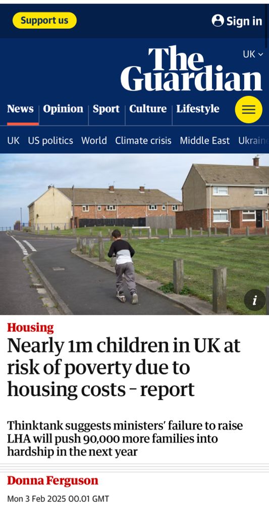 A screenshot of a Guardian article about child poverty illustrated by an image of a child scooting along the pavement. 