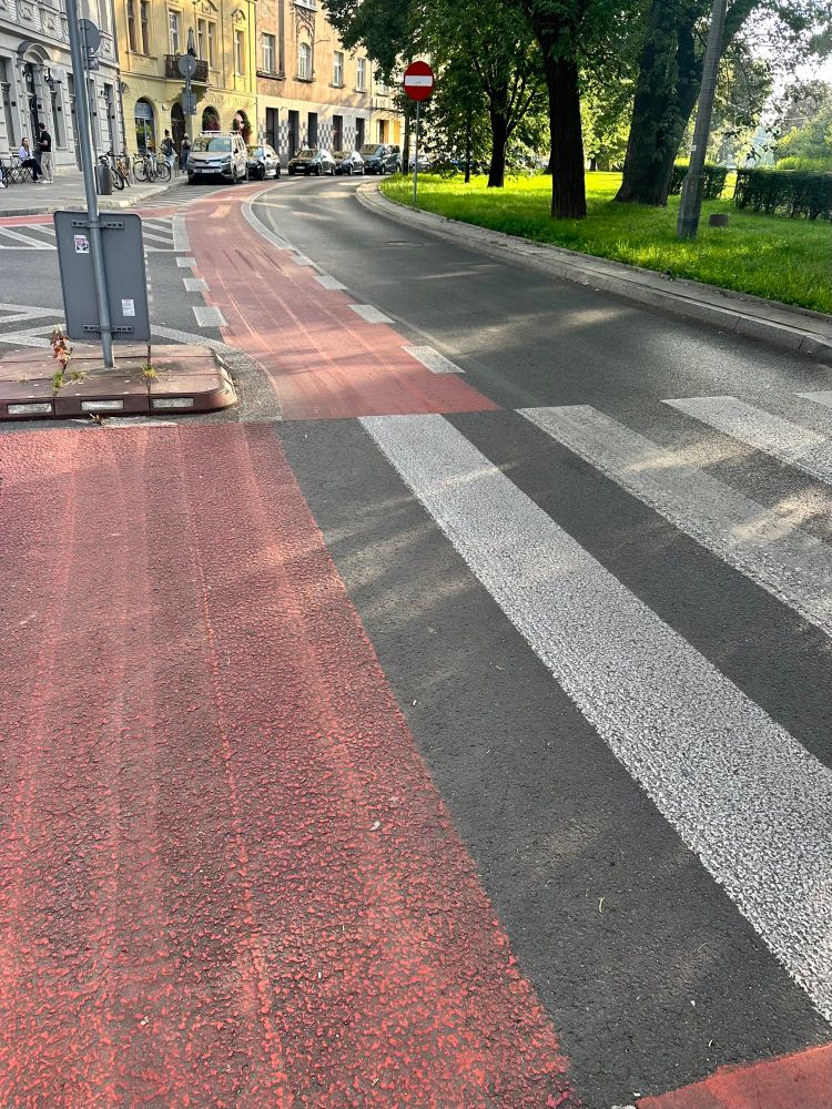 A red painted cycle lane along Dietla in Kraków. 