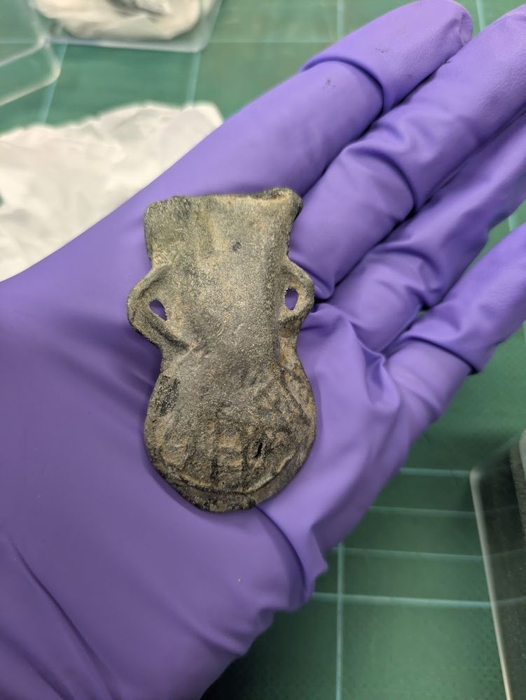 Lead pilgrim's ampulla with scallop shell design, held on a hand in a purple glove.