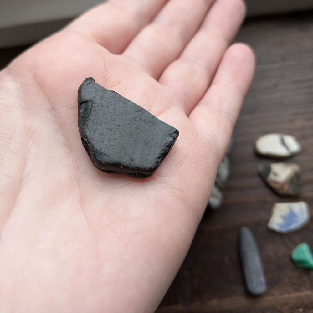 Black jet about the size of 50p on palm of hand. Sea pottery and belemnite on table in background 
