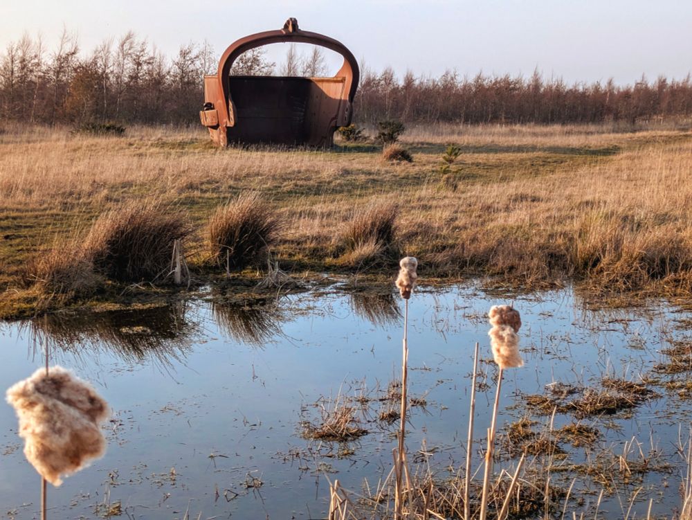 Orange iron giant bucket scoop on grassland, pond with reeds in foreground 