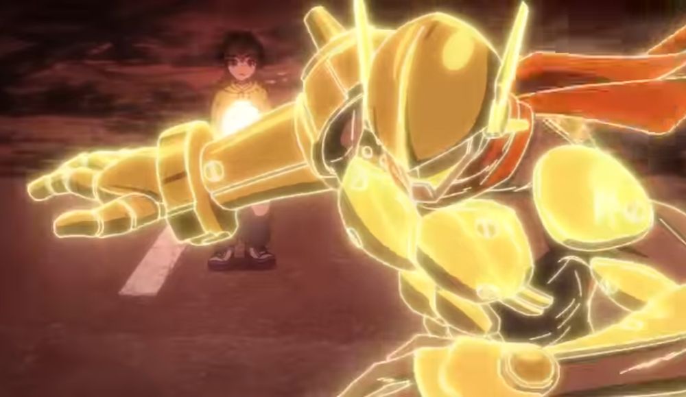 A being with the appearance of a Kamen Rider, with a golden glow, protecting a child 