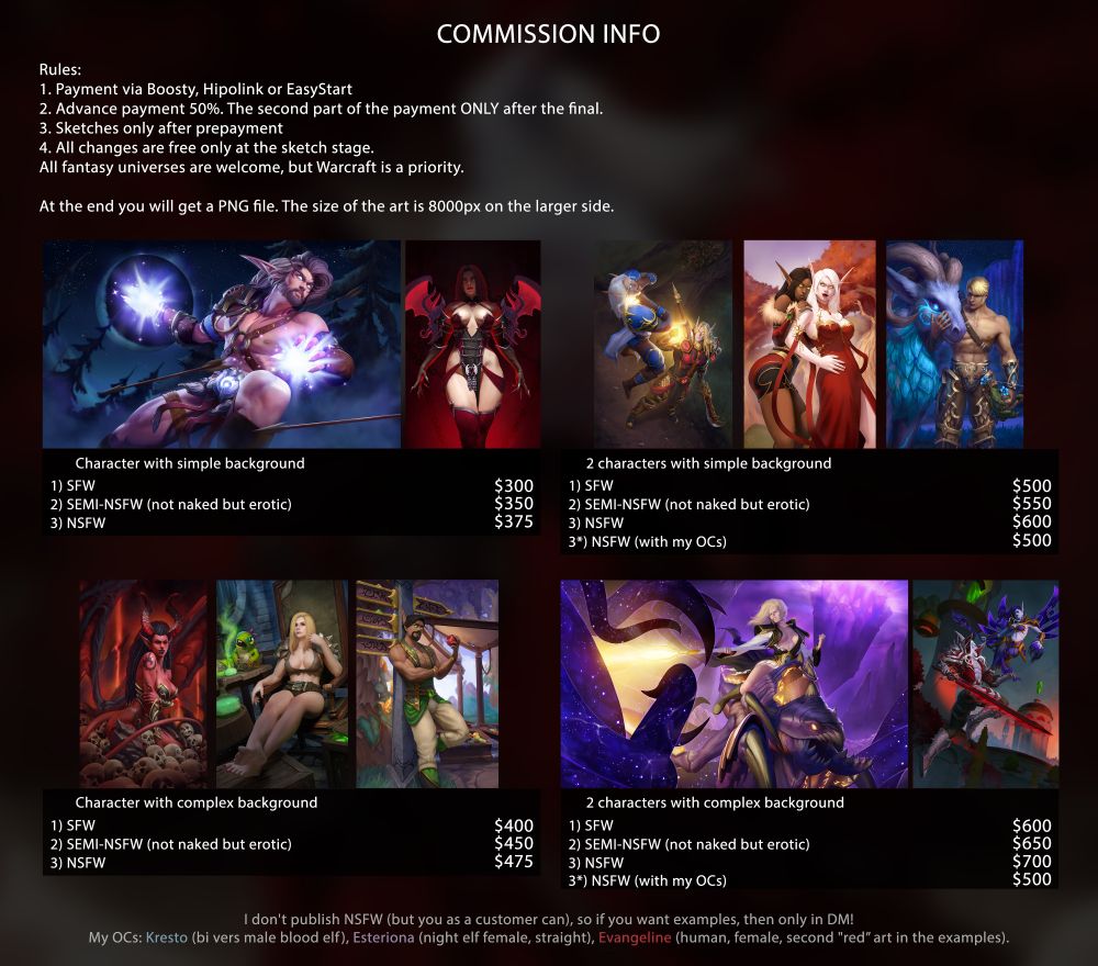 Examples of art by the artist Kresto. World of Warcraft, DnD, fantasy, OC, original character, fanart, fan art, illustration, commission, list. 