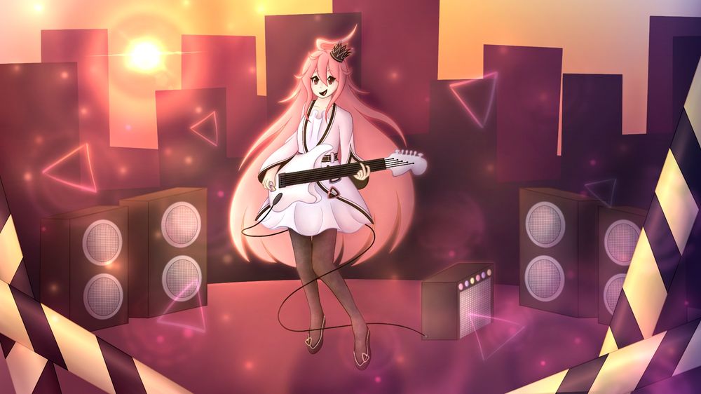 An artwork depicting SF-A2 Miki dressed in Galaco's outfit, holding a white guitar. The background is inspired by the MV of "Warning!" by 40mP with a city skyline and a sunset.