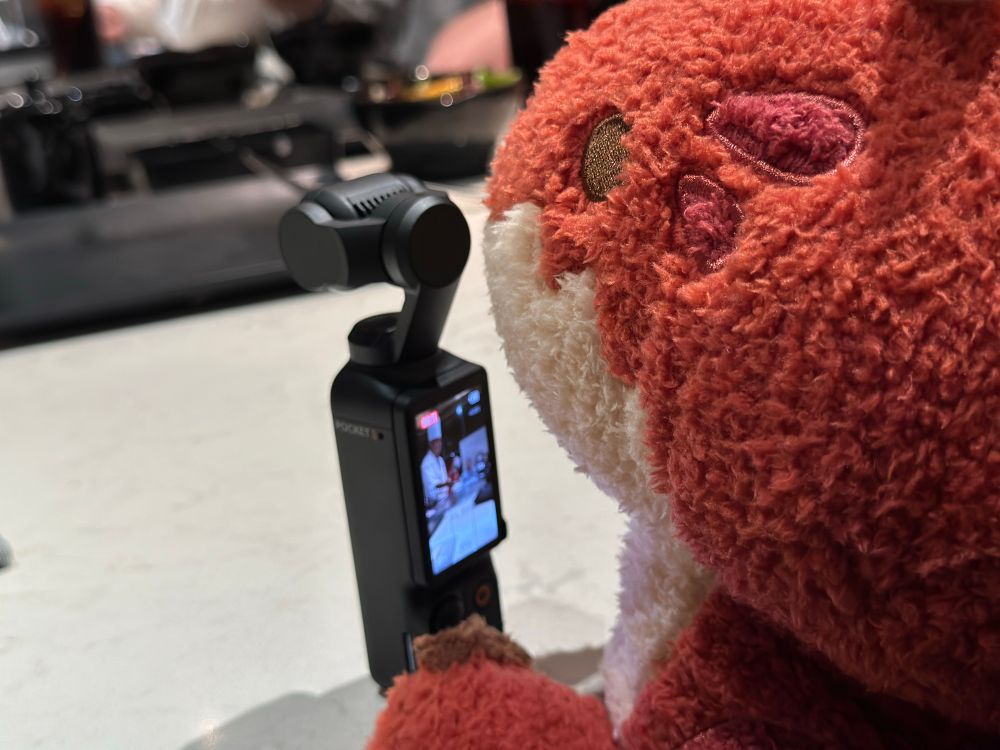 a red plush dragon created by fluffnest holding a dji pocket osmo 3 while filming a hibachi chef