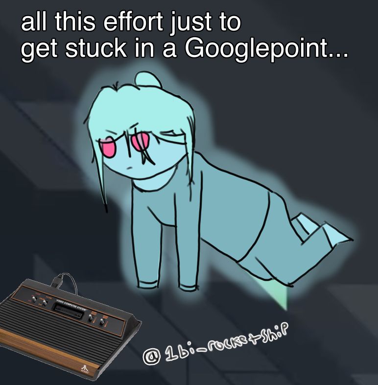A drawing of a blue ghost woman (Jenny) floating in a PowerPoint presentation background. She is saying, "all this effort just to get stuck in a Googlepoint...". Next to her is an Atari 2600. The art is credited to 1bi_rocketship.