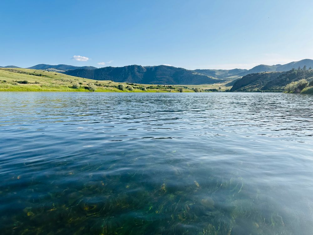 Blue sky, distant mountains, rolling green grass covered hills, clear waters , and the seaweed green grass 

