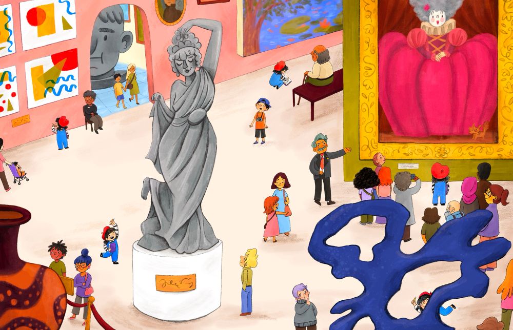 A little girl with a red beret exploring an art museum. There are paintings, sculptures, and statues.