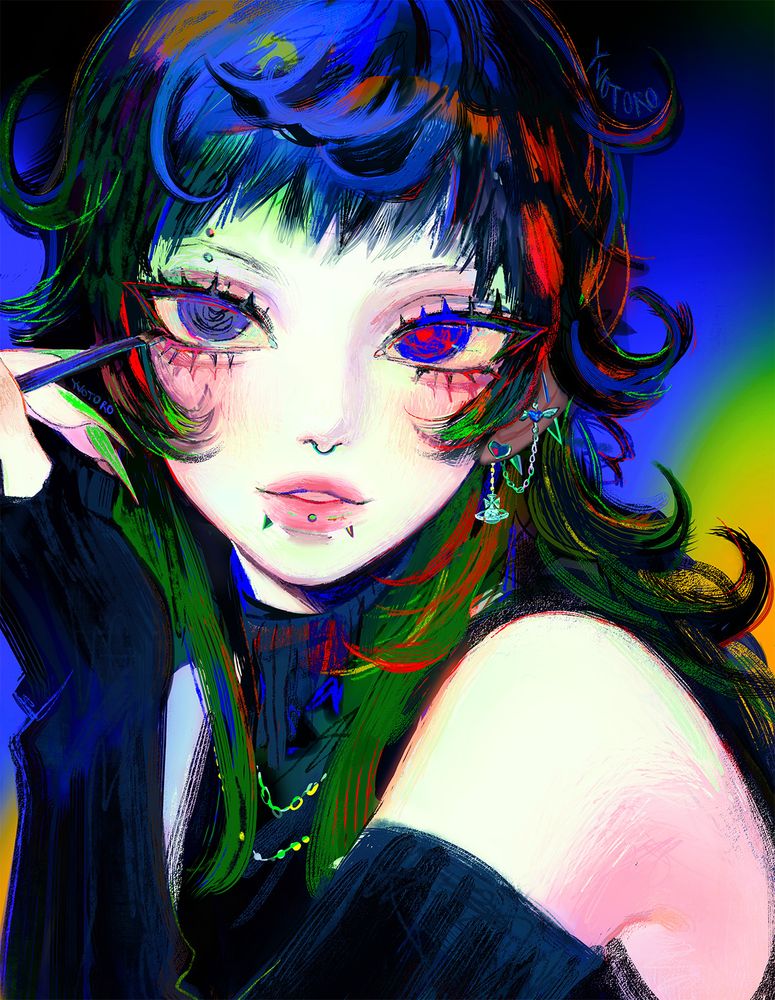 Illustration of a character with long, wavy hair and short bangs. The colors are a saturated mix of greens, reds, blues, and oranges throughout the piece. He has piercings on his left ear, right eyebrow, nose, and lips. He is holding a small flat brush to apply makeup.