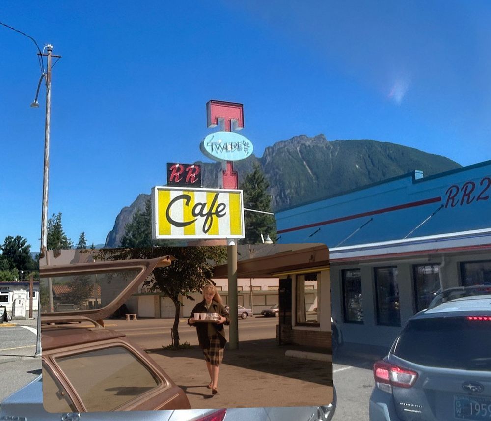 A modern picture of twedes cafe with a screenshot from fwwm lined up over it 