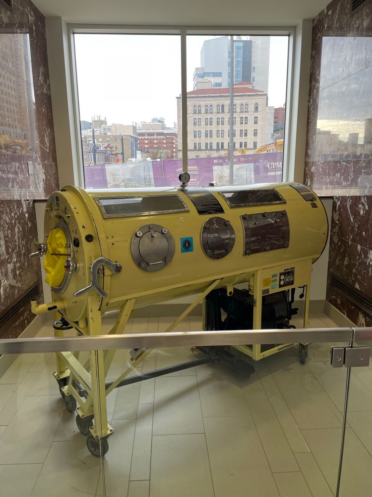 Yellow Iron lung on display at University of Pittsburgh School of Public Health 