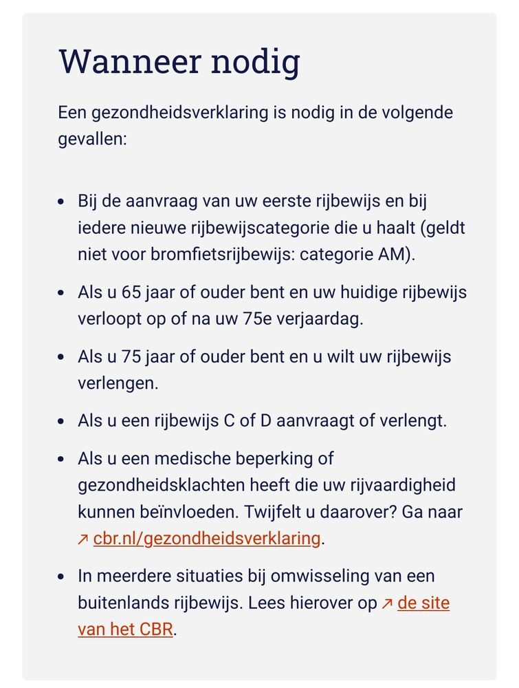 Screenshot RDW-pagina over wanneer een gezondheidsverklaring nodig is bij aanvraag of verlenging rijbewijs.