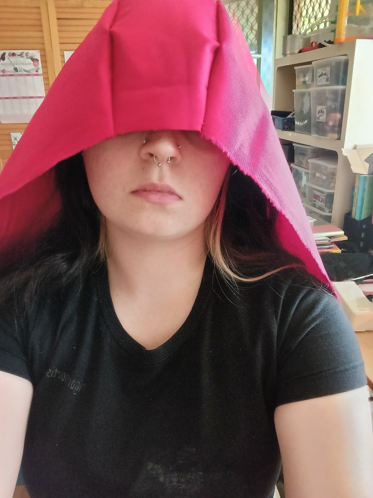 Me wearing a black t-shirt and a red hood covering my eyes. 