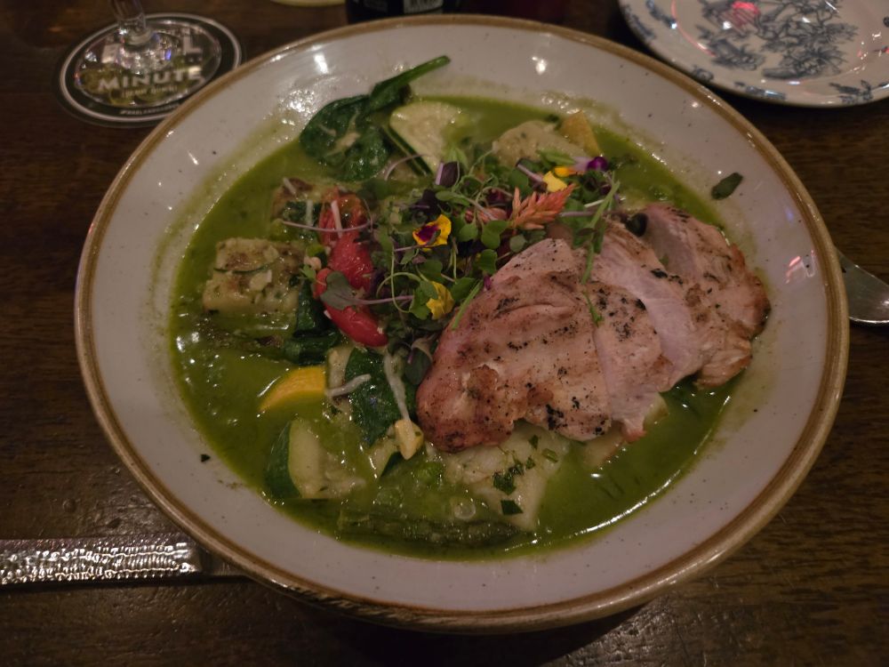 Gnocchi Nua. Gnocchi, chicken, zucchini, squash, asparagus, cherry tomatoes, spinach, corn, parmisan cheese in a pea and lemon sauce. 