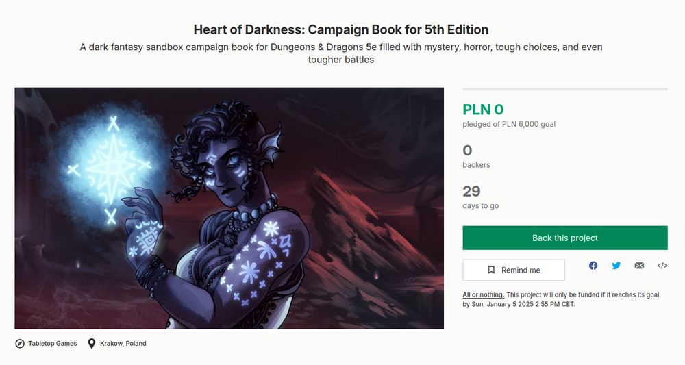 Screenshot from my live project page for Heart of Darkness, a campaign book for DnD 5e. The funding goal is 6000 zł (1.5k$).