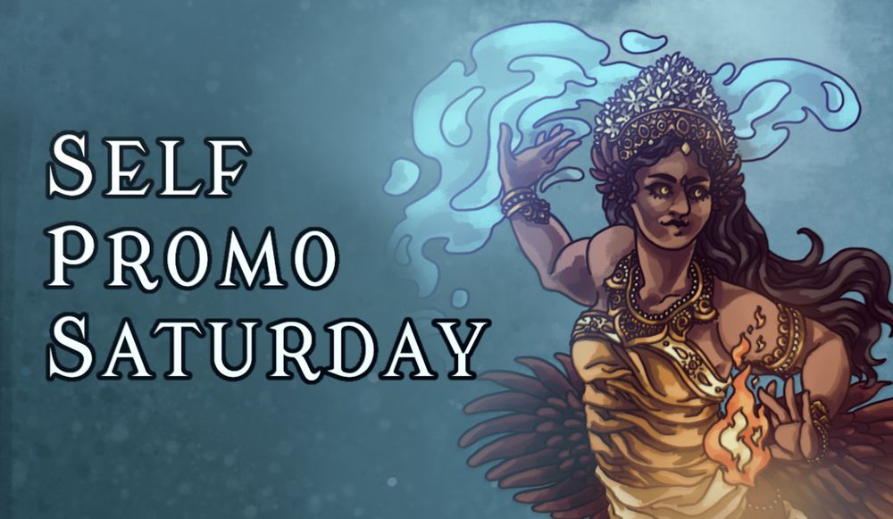 An image of a sorceress casting a fire and water spell. The background is of sea water. Text beside her reads "Self Promo Saturday".