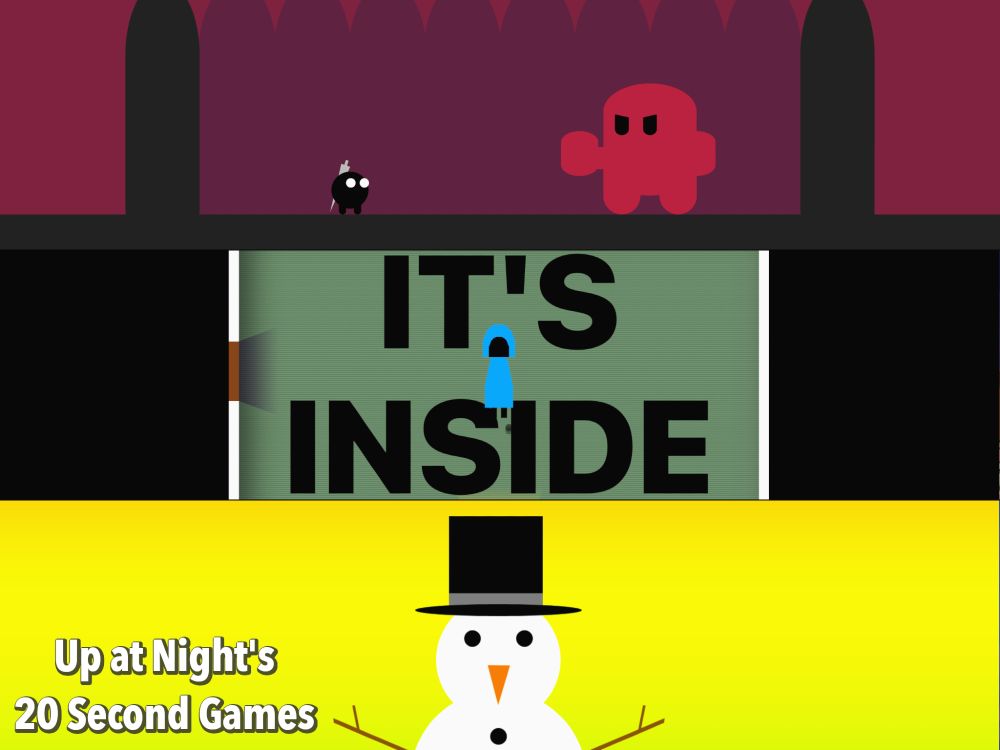 Three games' screenshots cut together, showing Rush Boss: CurseRime, IT'S INSIDE: THE NASTY 99, and Impress Me. Text reads "Up at Night's 20 Second Games"