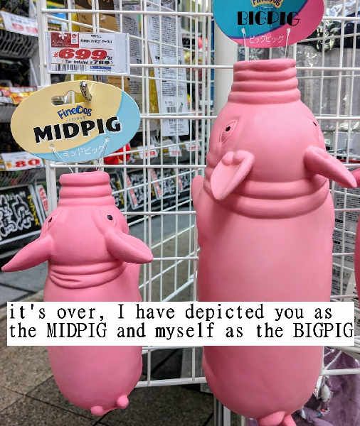 image of two toy pigs labeled MIDPIG (medium) and BIGPIG (large) with caption: "it's over, I have depicted you as the MIDPIG and myself as the BIGPIG"