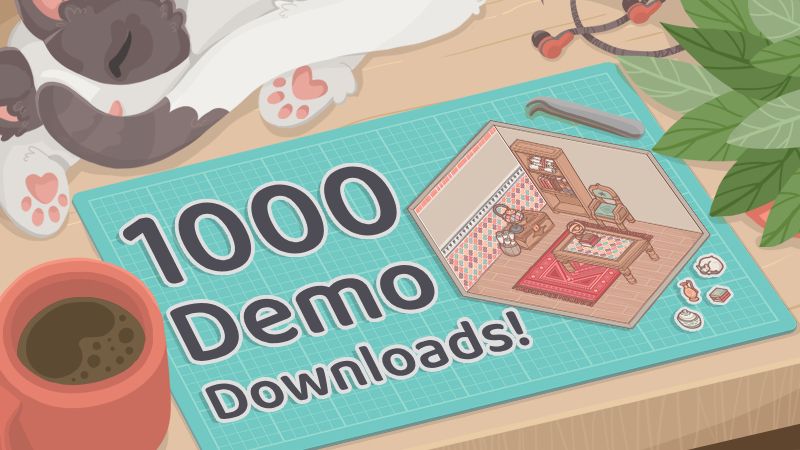 Illustration of a desk with a crafts mat, featuring a Little Corner decorated with stickers. Text beside it reads "1000 Demo Downloads!"