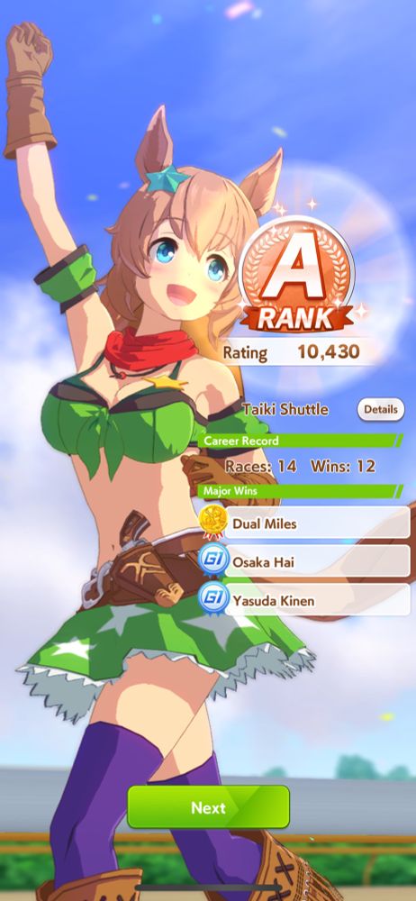 Screenshot of Umamusume Taiki shuttle running and waving with a Letter A.
The words under list her score as winning 12 out of 14 races.
Under that it list the words “Duel Miles, Osaka Hai and Yasuda Kinen”