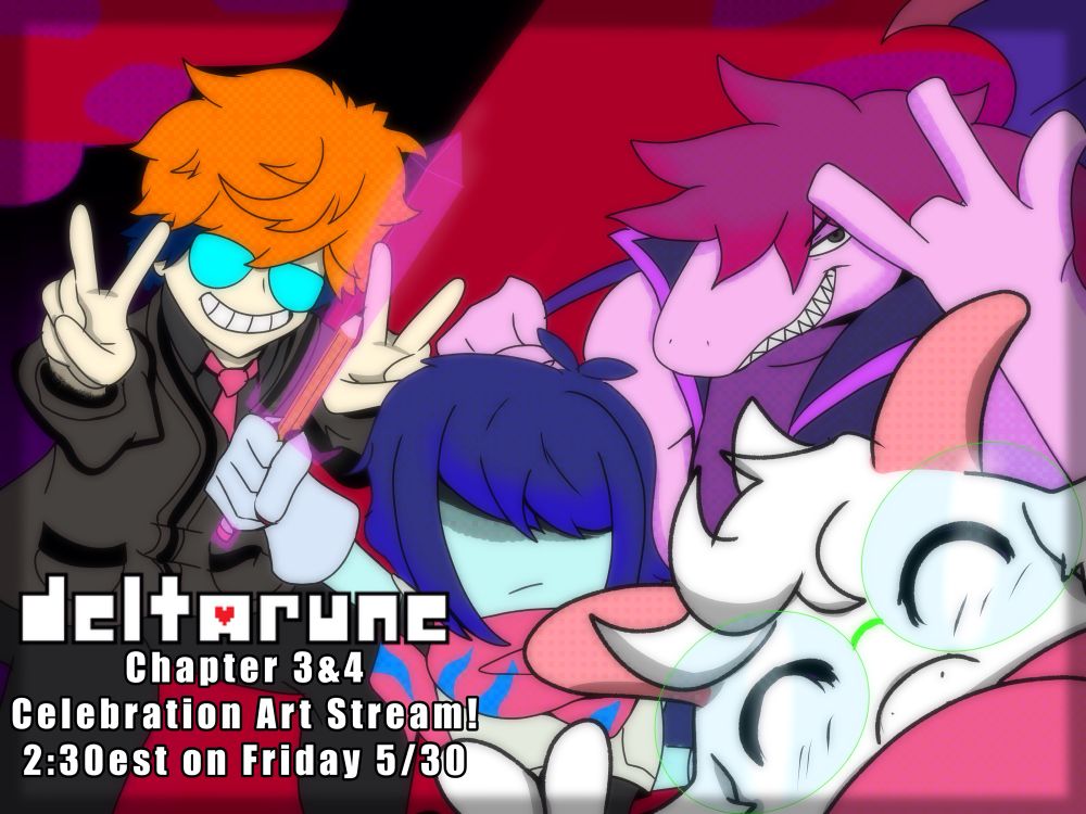 Kris, Ralsei and Suzie from Deltarune pose next to CafeKaicho with the text “Deltarune chapter 3&4 celebration art stream! At 2:30est on Friday 5/30”