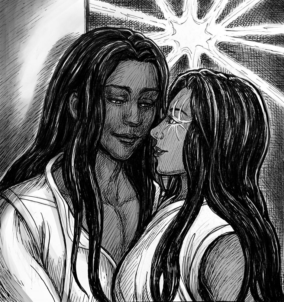 An ink drawing of two characters in the foreground of the picture. They are smiling. Both of them have long, dark hair and dark skin, but the man on the left is taller than the woman he is gazing at.

The woman has a star-shaped scar radiating from her eye, and in the background, a huge, bright star shines on the couple.