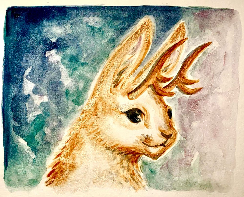A watercolor three-quarter view portrait of a rabbit-like creature with three-point antlers. The creature is golden-brown, and the background is an abstract mix of blues, greens, and lavender.