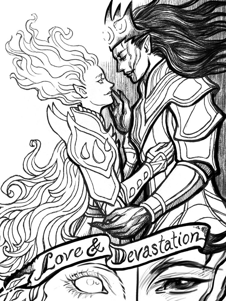A black & white drawing of Sauron and Morgoth from the Silmarillion. 

In the top part of the canvas, they stand facing each other, their arms in the process of circling each other's waists. Sauron (left) is gazing up into Morgoth's eyes, while Morgoth returns his gaze intently.

In front of them, a banner, in the process of being singed and decayed, reads "Love & Devastation". Beneath the banner are closeups of Sauron and Morgoth's eyes.