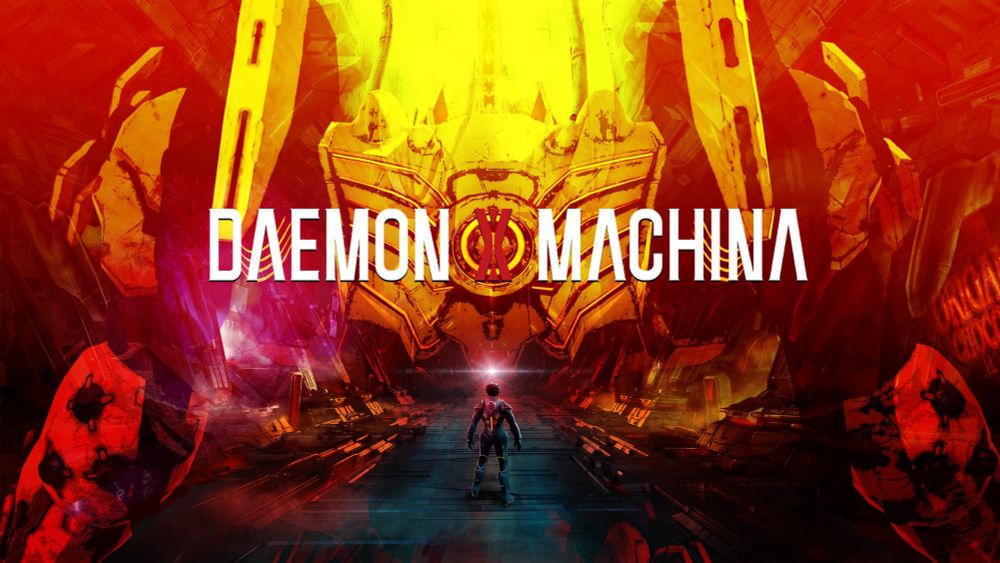 Portada de Daemon X Machina donde vemos a un piloto frente a un mecha en una imagen donde predominan los tonos cálidos que recuerdan al cielo rojo característico del mundo del juego.