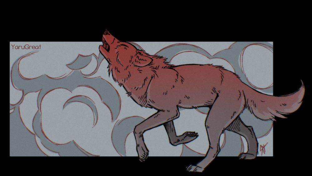 Red wolf runs through the fog, calling to its pack