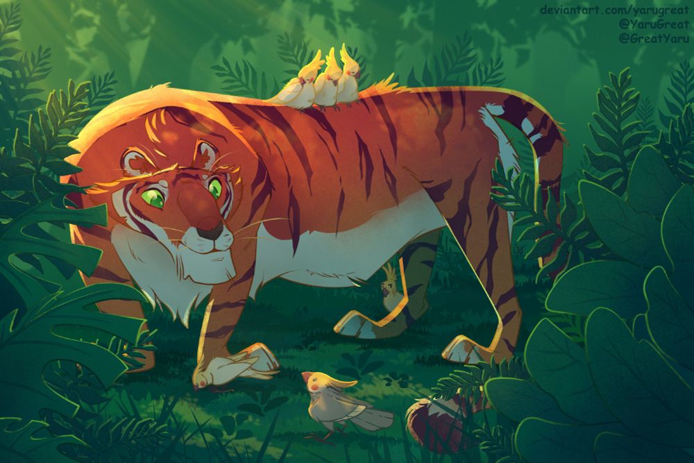 A friendly encounter between a bright orange tiger and a bunch of cockatoos in the middle of green jungle