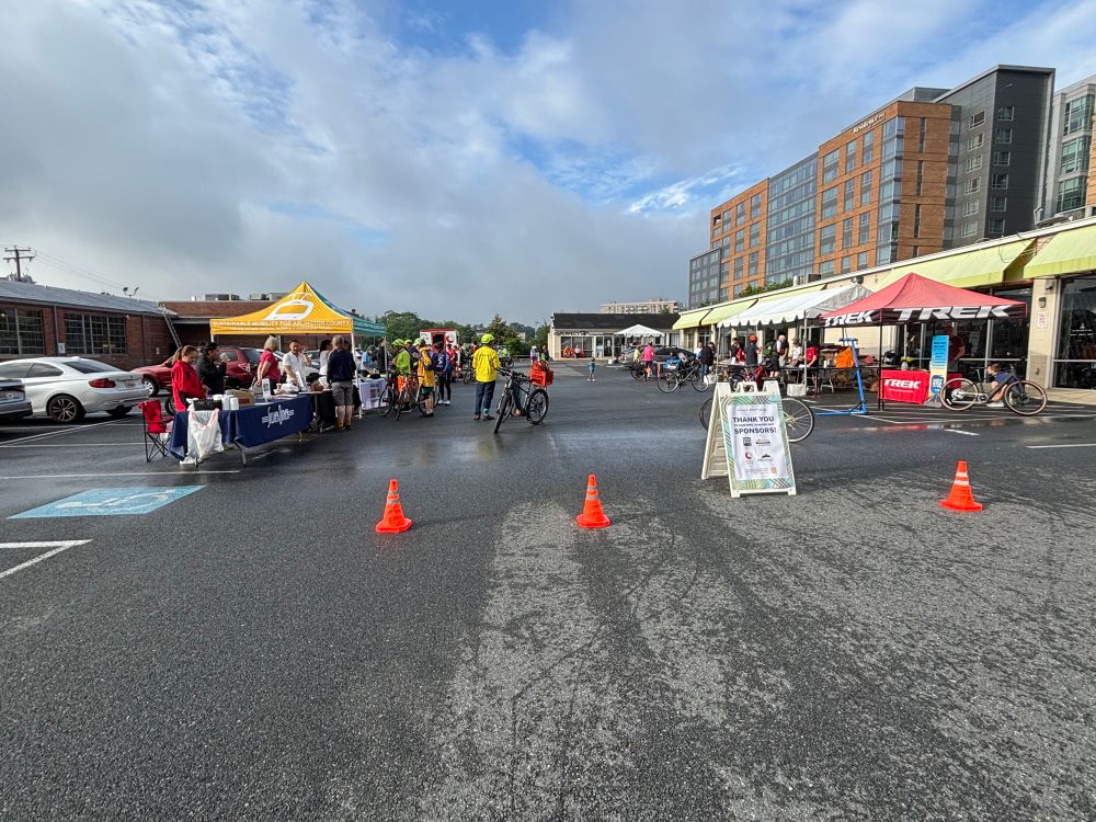 Trek parking lot filled with Bike to Work day activities