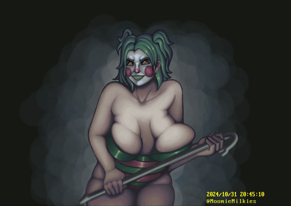 a clown girl with teal hair and large breasts stares into the camera holding a crowbar. her grin is a malicious one, with teal lips and eyeshadow to match her hair and red clown nose and cheeks. She is wearing a green and pink stripped one piece with no straps and bra cups to hold her breasts up. the timestamp reads 2024/10/31 20:45:10. 