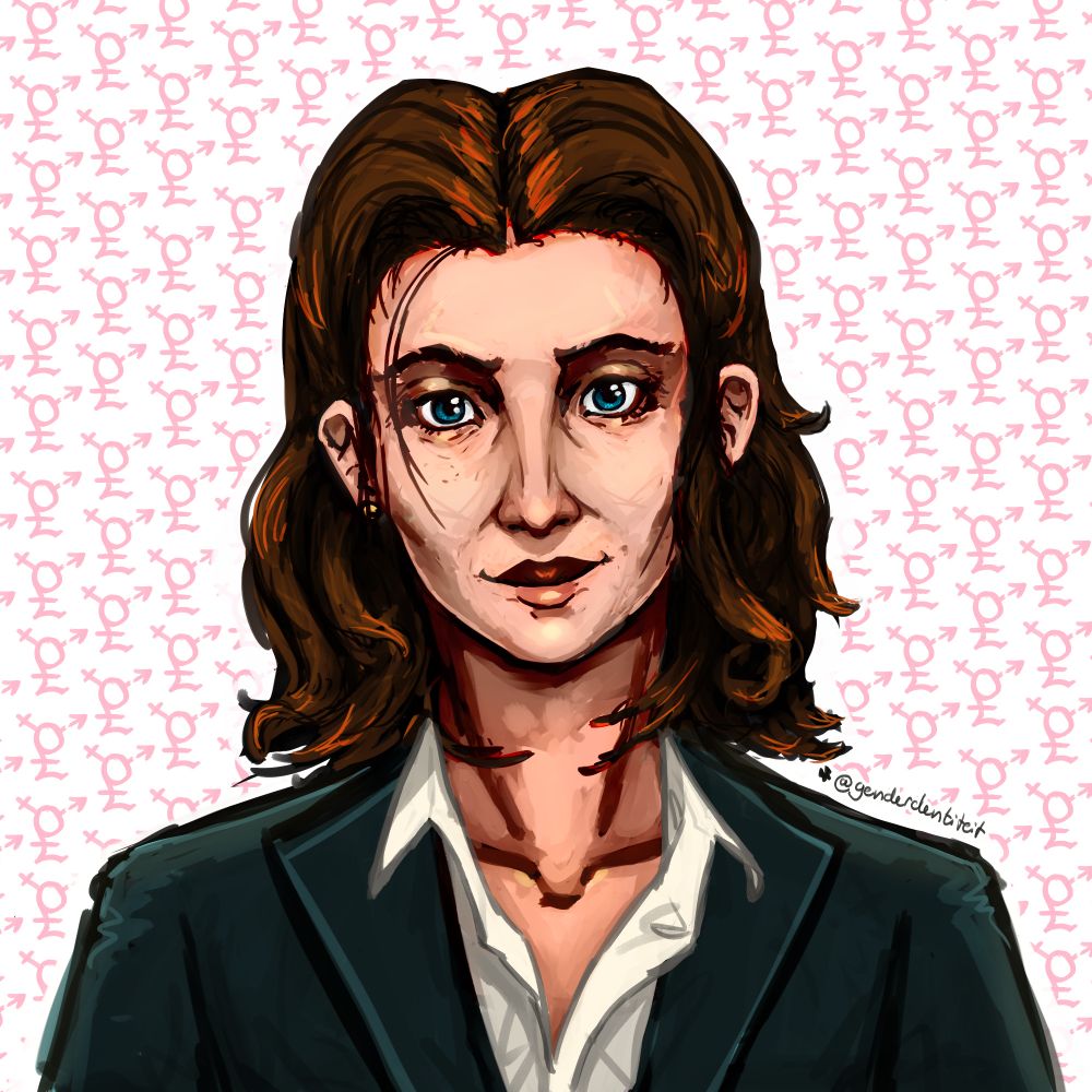 Portrait of Elladine Lambert from Sisters of Dorley, wearing a dark blueish suit and an off-white button-up shirt with very few of the buttons done. She's white with brown hair and blue eyes. She's looking at the viewer with a slight smile, her head angled just a bit. 
The background is white and covered in dozens of pink symbols; a circle with a cross, a snapped arrow, and the bottom half of the pound sterling symbol.