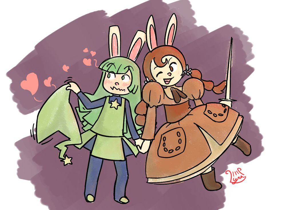 from Cucumber Quest:
Peridot and Almond holding hands, the latter winking at the former while the former shakes away cartoon hearts in embarrassment