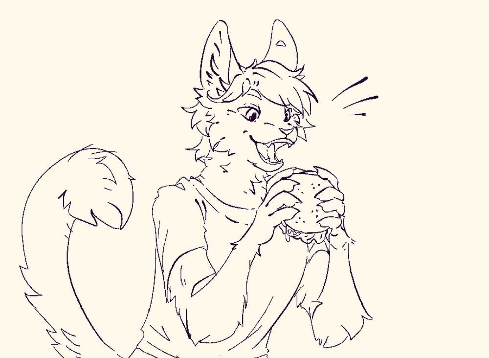 Art by Ghostlydog on Furaffinity

My serval character preparing to take a large bite from a burger