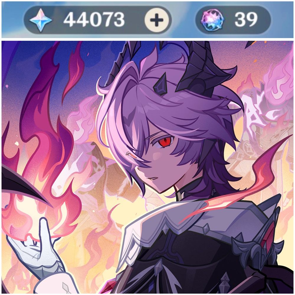 collage showcasing my Genshin Impact savings for Durin ! top image shows my primogem and intertwined fate count, bottom image shows official art of Durin !