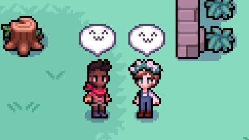 screenshot from Fields of Mistria !! Ryis and my character are standing on grass beside some stone ruins !! they are both going ^w^ !!