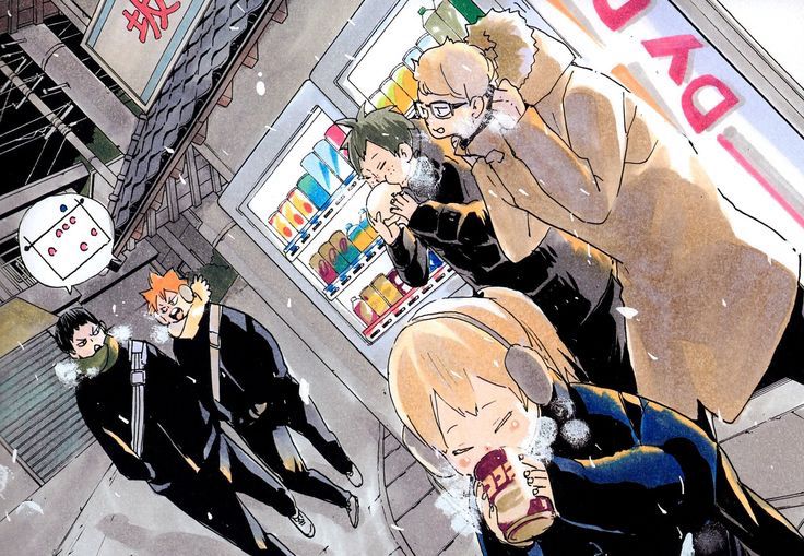 Haikyuu manga art !! it is the first years, Yachi, Tsukishima, Yamaguchi, Hinata, n Kageyama out on a cold night, eating steamed pork buns !!