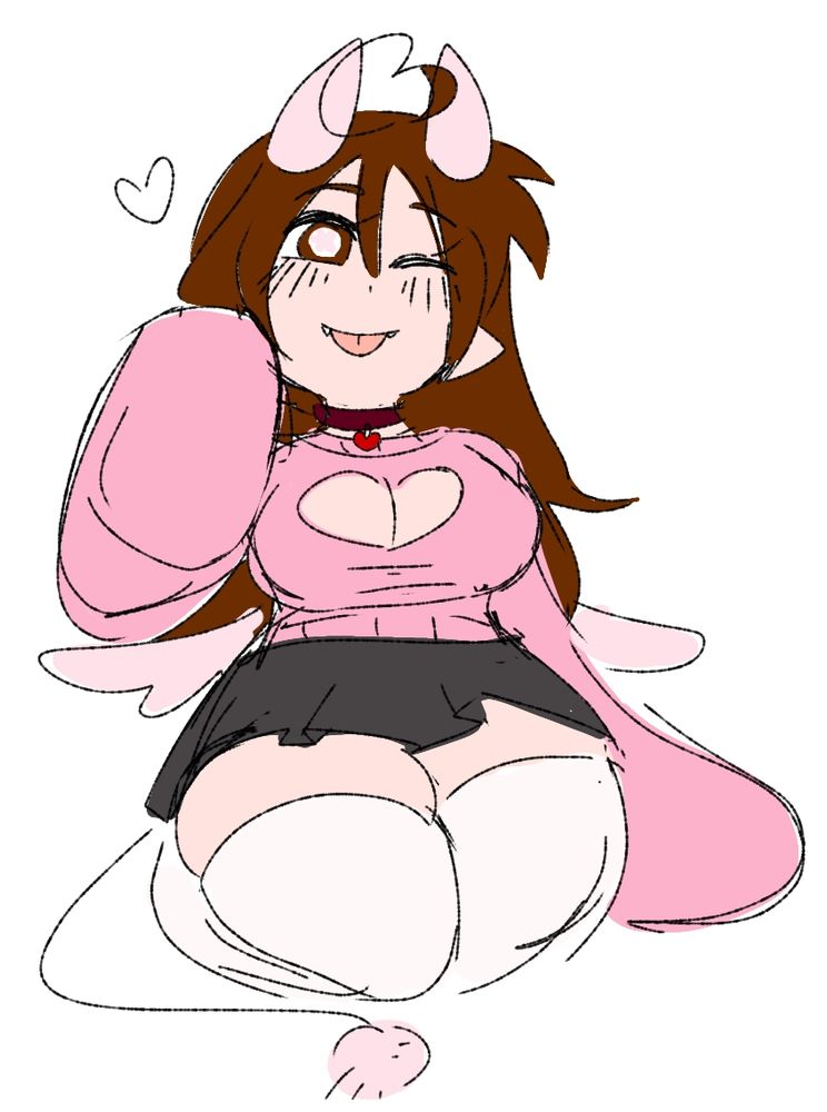 A colored doodle of a woman sitting with her legs tucked under her. She has a black skirt, white thigh highs, and a pink heart keyhole sweater with very long sleeves covering her hands. She also has a wiry tail with a small pink puff ball at the end, and two pink horns that poke straight up from her head.