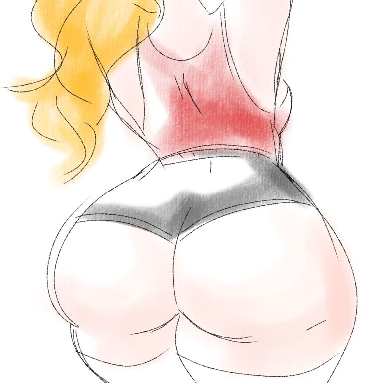 Ampere, back view, only her butt up to her shoulders are in frame. She appears to be tying her hair back.