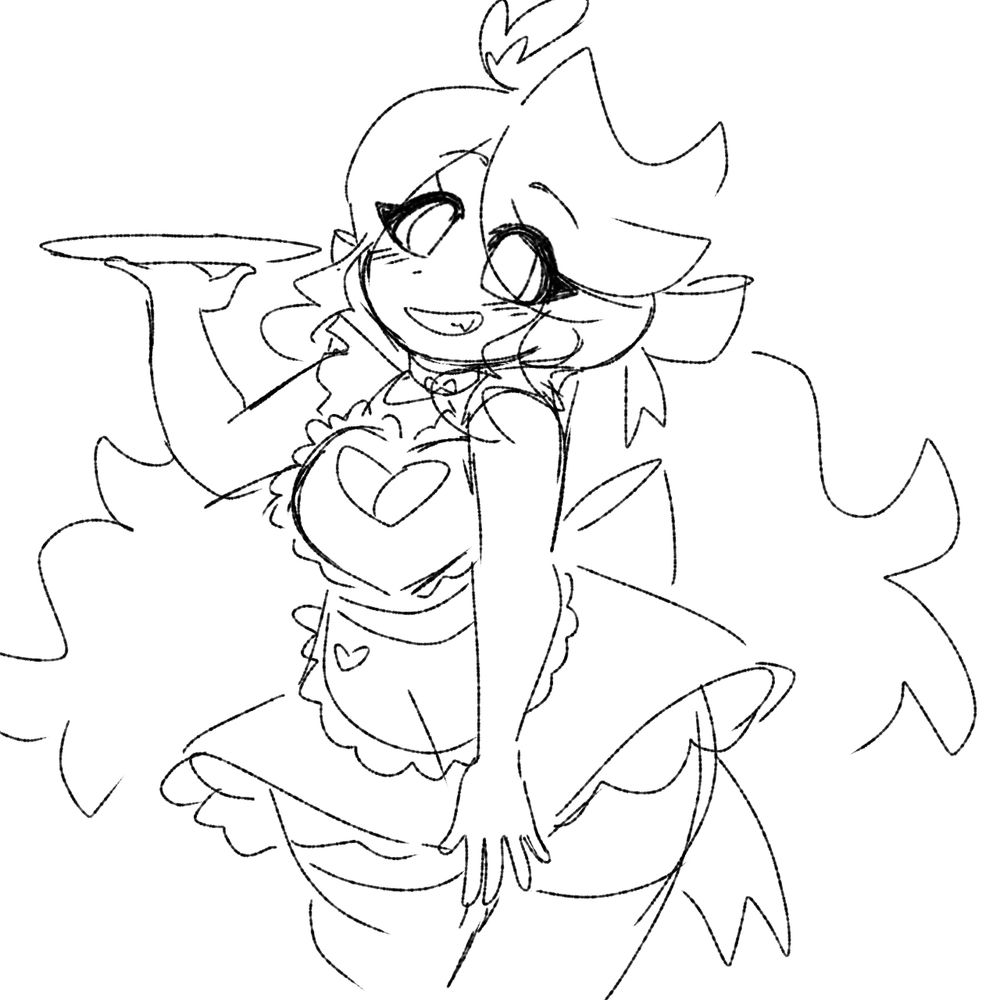 Ampere, my OC, in a maid outfit holding a serving tray that is empty. 