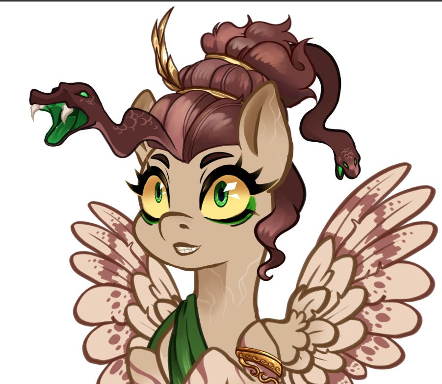 A Live2d model of a pony in MLP style, ispired by Medusa mythology, her brownish hair are snakes, eyes are yellow and she have marble texture along her body and spots on her wings. 