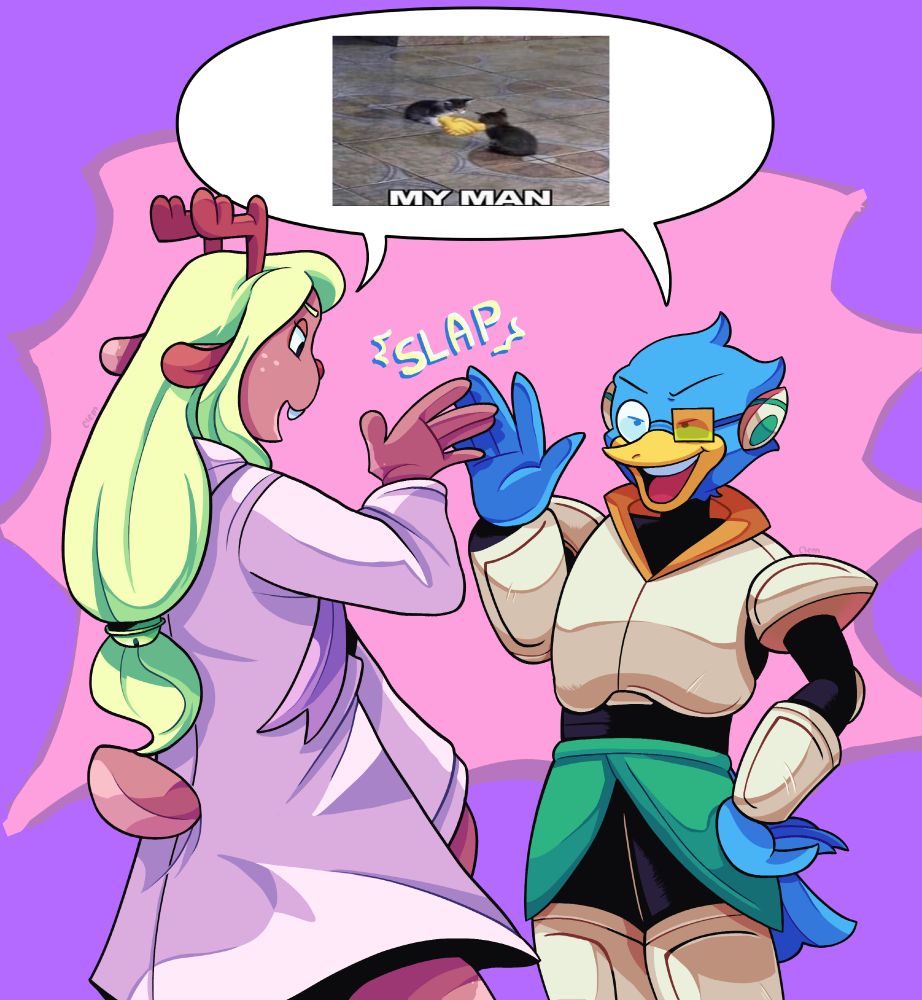 A rendered drawing of Noelle Holiday and Berdly from the game Deltarune. Noelle (left) is facing her back towards the viewer with a determined expression on her face, she is high- fiving Berdly (right). Berdly is looking back at her with the same expression, also high-fiving her. His other hand is on his hip. They are in their darkworld outfits. Above them is a speech bubble of two cats shaking hands with the caption "MY MAN". The background is a vibrant purple and pink