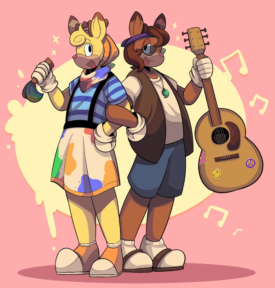 A fullbody, rendered drawing of Doe Vinci (Left) and Bro Vinci (Right) from Toontown Corporate Clash. They're facing away from each other with their arms closest to each other crossing over. Their free hands are holding an item related to them. Doe is holding a paintbrush and Bro is holding an acoustic guitar. The background is a light pink with a yellow circle in the middle, the yellow circle has music notes coming out of it on bros side and paint splashes coming out on doe's side.