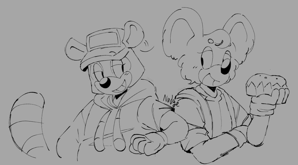 A sloppy, uncolored sketch of Lynn Decisive and Reid Stock from Toontown Corporate Clash. Lynn is nudging Reid with her arm and Reid is looking at her and holding a pie in her other hand. 