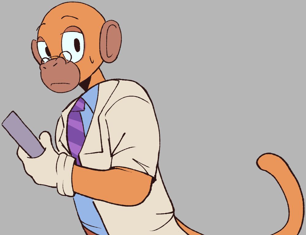 A drawing of Dr Surlee / Surlee Gyro Gearloose from Toontown Rewritten. He is in flat colors and on a solid grey background. He is looking off to the side with a slight worried expression