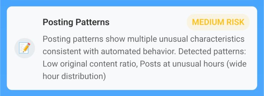 Posting Patterns MEDIUM RISK
Posting patterns show multiple unusual characteristics consistent with automated behavior. Detected patterns: Low original content ratio, Posts at unusual hours (wide hour distribution)
