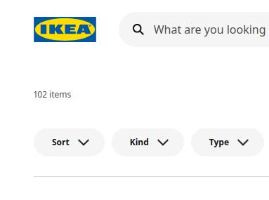 IKEA website with three dropdowns labelled Sort, Kind, and Type